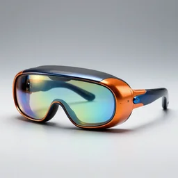 award winning product photography, 3 5 mm lens, of a holographic orange metallic and blue metallic shiny ergonomic augmented reality glasses like hololens as off bugatti cheyvron, holographic display lenses, studio lighting,