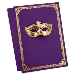 Rich purple paper with delicate gold embossed borders, a card that is an invitation to a masquerade ball, intricate, beautiful, opulent