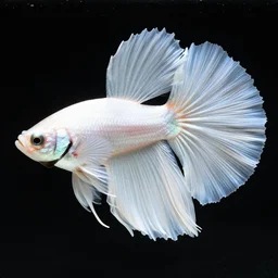 a graceful iridescent white betta fish with long swirling fins, black-water-background, traditional Chinese painting, artstation, alphonse-mucha