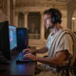 Ancient roman man wearing toga plays on his gamer PC at domus home, RGB keyboard, gaming headset, professional photography, cinematic, dramatic lighting, depth of field, ultra high resolution