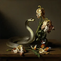 snake hunting butterfly still life, withered flowers, otto marseus van schrieck still life, dutch golden age painting, dramatic lighting, cinematic lighting, willem van aelst still life, oil on canvas, detailed, vanitas baroque painting