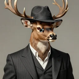 a upper body portrait of a deer lord in a pinstriped suit and pants wearing a monocle and a fedora, intricate detail, digital art, trending on artstation