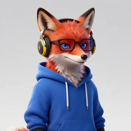 league of legends concept art anthropomorphic red fox in blue hoodie, art by charles liu, geek glasses, black and yellow headphones, blue eyes, front view portrait, empty background, fantasy style, perfect angle, soft lighting, vibrant color scheme, ultra detailed, volumetric lighting, octane render, commission art, 8 k wallpaper
