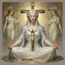 a full body portrait of a beautiful ethereal delicate botanist mage queen meditative sacral pose catholic stages of the cross, intricate, elegant, highly detailed, digital painting, artstation, concept art, smooth, sharp focus, illustration, art by krenz cushart and artem demura and alphonse mucha