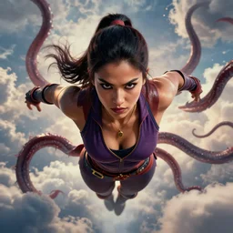 masterpiece closeup portrait of Kitana from Mortal Kombat, some tentacles are touching her, she flying to heaven through the cumulus clouds by Kevin Beckers, trending on Artstation, digital art, symmetrical artwork, cinematic, hyper realism, high detail, octane render, 4k, 8k