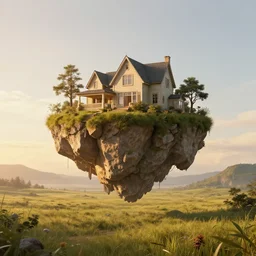symmetry!! freefall, big house, surreal landscape, grassland, floating island, golden hour, very detailed, perfect composition, perfect lighting, 4 k, trending on artstation, greg rutkowski, derek zabrocki, artgerm, 3 d render, octane render