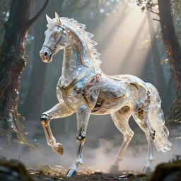 hybrid biomechanical horse, by h. r. giger cinematic forest lighting, crystalline masterpiece incrustations, hyperdetailed metalwork, in volumetric soft glowing mist, elegant pose, white pearlescent, chrome, iridescent titanium, crystal, liquid gold, copper, bronze, movie still, octane render, unreal engine, crepuscular rays,