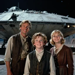 sharply detailed, 7 0 mm film from blockbuster 1 6 k sci fi color movie freeze frame, set 1 8 6 0, family standing in front of crashed spaceship, on alien planet, looking happy, wearing 1 8 5 0 s era clothes, atmospheric lighting, in focus, reflective eyes, 8 0 mm lens, live action, nice composition and photography, clear facial features