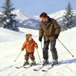 a father and son snow skiing together, nostalgic, thomas kinkade
