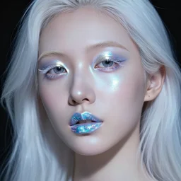 beautiful portrait of a woman with holographic light makeup, glitched lipstick, porcelain hair, in the style of paolo roversi, detailed