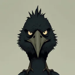 a black bird with a facial expression. illustrated, superflat contemporary style, heavy metal, graphic novel, simon stalenhag, fiona staples, dustin nguyen, peter elson, alan bean, wangechi mutu,
