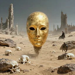glowing bene gesserit in full - face golden mask in a dry rocky dead landscape with white bones and lovecraftian abandoned city beneath the sand, death stranding all by christopher doyle and alejandro jodorowsky, anamorphic lens, kodakchrome, cinematic composition, very detailed photo, 8 k,