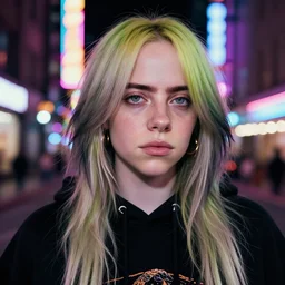 beautiful billie eilish in the street, explosion of neon lights, close up, 5 0 mm lens, model photography detailed realistic