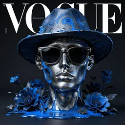 a head made out of melting metal, limitted dark palette, it is wearing sunglasses and a hat, there are flowers all around it, blue paint melting, vogue cover style, demonic style, smooth fractal style