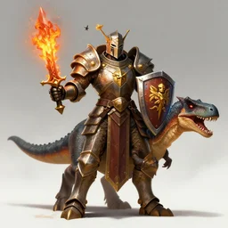 holy paladin wearing full plate armor holding a monkey crest shield and holding flame tongue sword and riding a velociraptor, concept fantasy, dnd
