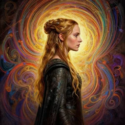 side profile centered painted portrait, alicia vikander as elven princess, lord of the rings, tolkien, matte painting concept art, baroque, beautifully backlit, swirly vibrant color lines, fantastically gaudy, aesthetic octane render, 8 k hd resolution, by greg rutkowski and artey freytag