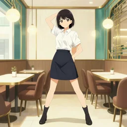 ( ( dither ) ), editorial illustration portrait of sasaki kotoko posing inside a cafe interior, dynamic pose, modern art deco, colorful, ( ( mads berg ) ), christopher balaskas, victo ngai, rich grainy texture, detailed, dynamic composition, wide angle, matte print