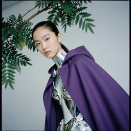 A tilted 35° long shot anaglyph film still of a futuristic girl wearing purple cape in porcelain and metal and lush branch featured in Vogue and GQ editorial fashion photography, beautiful eye, symmetry face, haute couture dressed by Givenchy and Salvatore Ferragamo, Canon EF 85mm f/1.4L IS USM