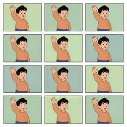 a sequence of frames of a cartoon man waving his arm from left to right, separated into equally sized frames from a flip - book animation