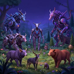 Highly Detailed digital illustration about the beauty of nature in a neonpunk world where all animals have been replaced by mechanical beasts. Trending on Artstation