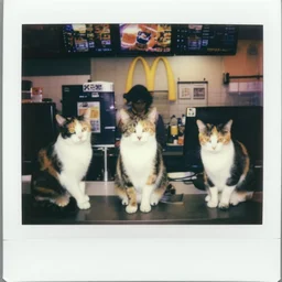 three calico cats working the front counter of mcdonald's ready to take your order, eighties polaroid, flash photography, photorealistic, kodachrome