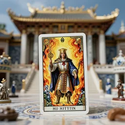 cinestill 5 0 d, 8 k ; esoteric ultra realistic major arcana the magician in ronin ( 1 9 9 0 ) film still temple scene in frontiers in porcelain photography architectural studio june 3 / 4 portrait edition, hyperrealistic real - life flaming tarot card porcelain occult figurine portrait, eye contact, tilt shift wide shot zaha hadid scene background