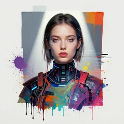 contemporary collage of a cyberpunk girl, detailed face, spotlight, minimal, paint drips, mixed media, paint splatter, vibrant colors, futuristic clothing, rule of thirds, glitch art, by john baldessari, max ernst, david maljkovic
