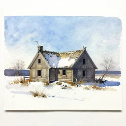 small centered on watercolor paper, paint brush strokes, abstract watercolor painting of ancient viking house ruins ( ( ( in snow ) ) ), daylight, blue sky, cinematic light, national romanticism by hans dahl, by jesper ejsing, by anders zorn, by greg rutkowski, by greg manchess, by tyler edlin