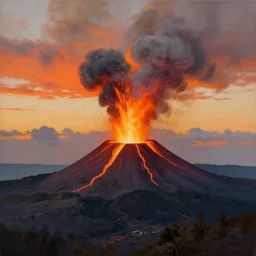 a beautiful painting of a volcano erupting during sunset painted from far away by Leigh Wen, 8k