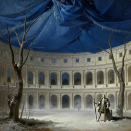 new years day at a colloseum, dry trees, sword in the stone, winter blue drapery, hanging tarp ceiling showing the stars, icicles, stoic, light dust, magnificent, hyperdetailed, theatrical, close up, masterpiece, painted by jean honore fragonard and greg rutkowski
