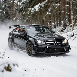 a 2 0 1 2 mercedes - benz c 6 3 amg black series, racing through a rally stage in a snowy forest