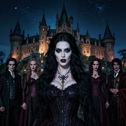 portrait of a riveting scottish vampire woman!, atmospheric lighting, gothic makeup, intricate, transylvanian castle, volumetric lighting, beautiful, starlit sky, sharp focus, ultra - detailed, by tom bagshaw leesha hannigan, ross tran, thierry doizon, kai carpenter, ignacio fernandez rios