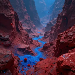 a strange alien landscape, realistic, rocky, red and blue, blue particles, strange red particles, strange, alien - - style, realistic, landscape, depth, movie lightning, realistic epic shaders, landscape