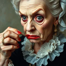 a baroque painting closeup of an ugly, vain old woman putting on red lipstick