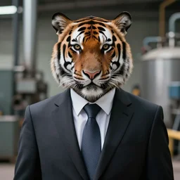 high quality portrait photo of an industrialist tiger dressed in a dark business suit and tie, Anthropomorphic, photography 4k, f1.8 bokeh, 4k, 85mm lens, sharp eyes, looking at camera