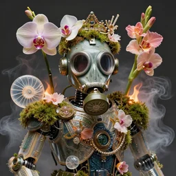 3 d close - up portrait of the retro futuristic robot in vintage gas mask in midsommar style clothes and crown overgrown with moss and giant orchid flowers and giant gladiola flowers, intricate, elegant, surrounded by smoke and burning. translucent nautilus, highly detailed, by wlop, glass, tooth wu, greg rutkowski, alena aenami