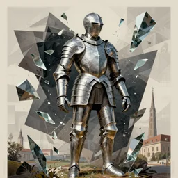 broken body renaissance armour with small shards of glass, avant garde monumental dynamic illustration by mobius and edward hopper, illusion surreal art, highly conceptual figurative art, intricate detailed illustration, controversial poster art, polish poster art, geometrical drawings, no blur