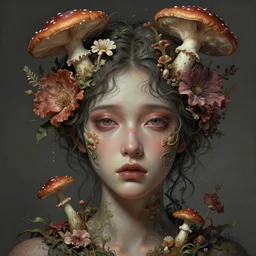 a digital portrait of a beautiful sad woman with flowers and fungus growing out of her head and eyes, intricate, sharp focus, digital illustration, highly detailed, octane render, digital painting, matte, art by professional artist