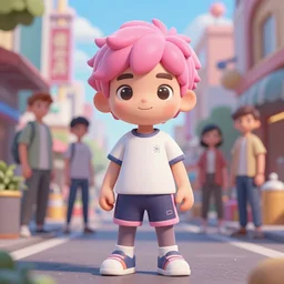 a beautiful portrait of a cute boy with pink hair wearing tshirt and leggings under shorts in a city. character design by cory loftis, fenghua zhong, ryohei hase, ismail inceoglu and ruan jia. artstation, volumetric light, detailed, photorealistic, fantasy, rendered in octane