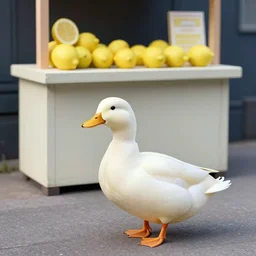 a realistic duck walked up to the cubist lemonade stand