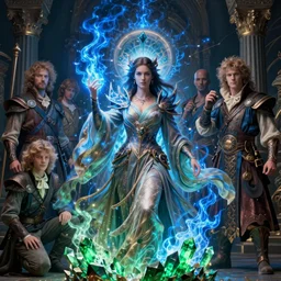 the female arcanist and the male artificer by ferdinand knab and roger dean and brom and zdzisław beksinski and greg staples and louis janmot, beautiful, flowing magical robe, highly detailed, hyperrealistic, intricate, energy, electric, blue flame, low light, green crystal, high contrast, old and young, lifelike