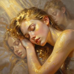 3 d, close - up, sleepy fashion model, liquid gold, morning, sun rays, poster art, hyper detail, intricate oil painting, multiple exposure, morning mood, 3 d, by tooth wu and wlop and beeple and greg rutkowski