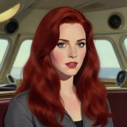 close portrait. ship interior bg. screenshot of a scene in metroid of christina hendricks painted by norman rockwell. character designed by hideaki anno. deep red hair. digital. lighting by james gurney. trending on artstation. masterpiece. artgerm alphonso mucha greg rutkowski.