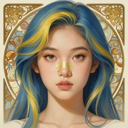 filipino girl blue - yellow hair nose tape, brown eyes, intricate, elegant, highly detailed, my rendition, digital painting, artstation, concept art, smooth, sharp focus, illustration, art by artgerm and greg rutkowski and alphonse mucha and uang guangjian and gil elvgren and sachin teng, symmetry!!
