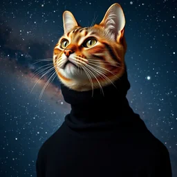 a bust portrait of a cat in a black turtleneck pullover, a picture of the milky way galaxy in the background, photography