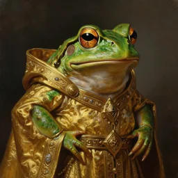 detailed portrait of a Frog as a powerful dungeons and dragons wizard, wearing gilded robe, intricate, hyper detailed, realistic, oil painting, by jeff easley, boris vallejo, cinematic lighting