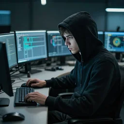 seedy hacker sitting by the computer console, cinematic