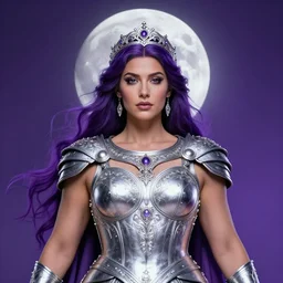portrait of broad shouldered mighty prophetess of the moon, silver filigree armor and tiara, silver shoulder pauldrons, moon above head, purple wavy hair, translucent skin, wide striking eyes, beautiful! coherent! by brom, by junji ito, by brian froud, strong line, high contrast, muted color