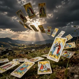 whirlwind of tarot cards, volumetric lighting, landscape