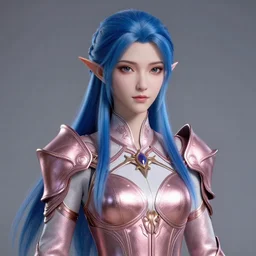a beautiful and highly detailed digital portrait of a dignified elf with long blue hair in rose gold armor by jia ruan, clint cearley, and karol bak, centered, artsation contest winner, cgsociety, fantasy art, cryengine, concept art, photorealism, daz 3 d, sketchfab, zbrush, vray